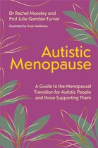 Boekomslag 'Autistic Menopause' met paarse achtergrond en gele tekst. Met illustraties van groene bladeren.