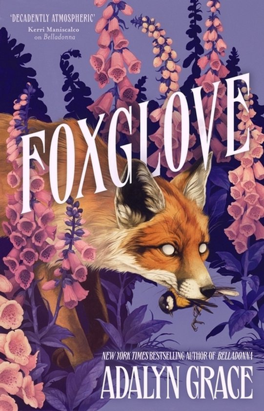 Boekomslag met vos en vingerhoedskruid. Ttitel: FOXGLOVE door Adalyn Grace.