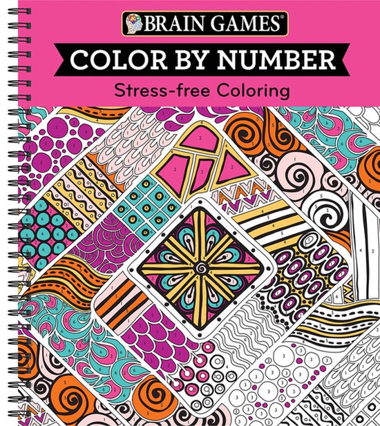 Livre Color by Number Stress-free Coloring avec une couverture rose et un motif géométrique coloré.