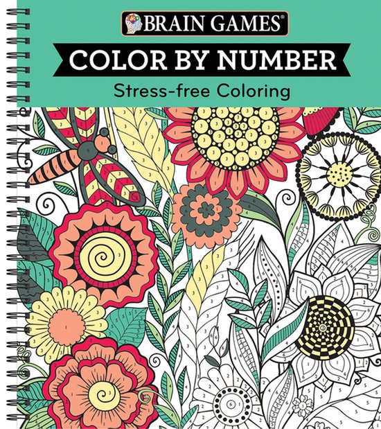 Livre Color by Number Stress-free Coloring avec des fleurs et une libellule. Partiellement coloré.