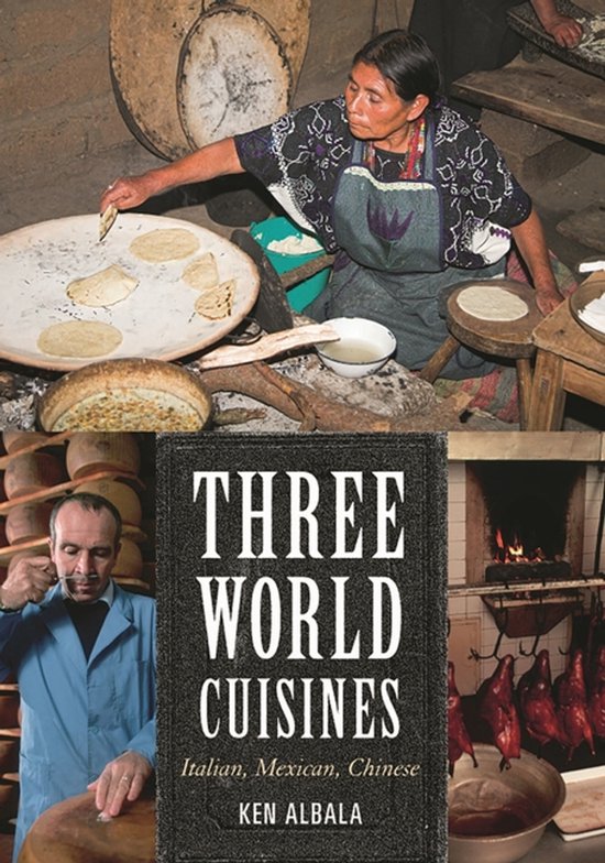 Boekomslag 'Three World Cuisines: Italian, Mexican, Chinese' met afbeeldingen van koks en gerechten.