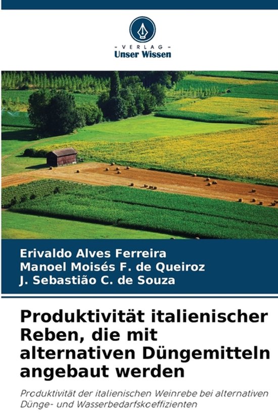 Titelpagina van een boek over de productiviteit van Italiaanse wijnstokken geteeld met alternatieve meststoffen, met een afbeelding van een landschap met wijngaarden.
