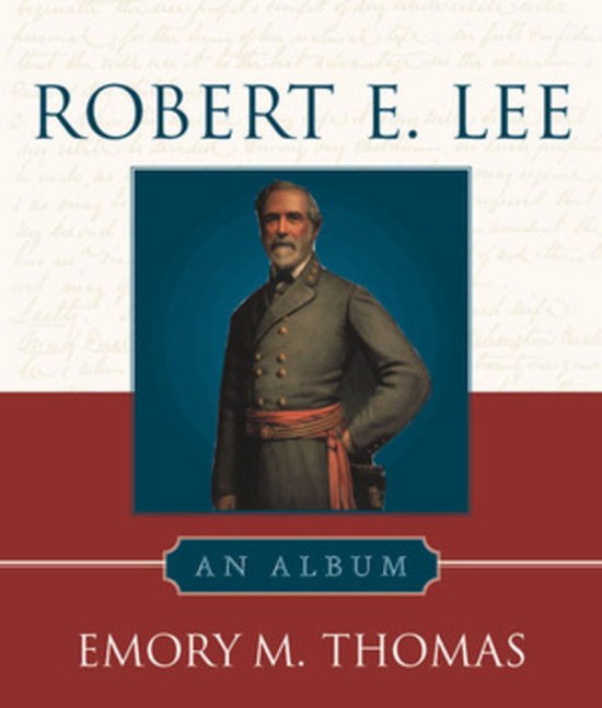 Gekleurde illustratie van Robert E. Lee in een militair uniform, met rode sjerp en zwaard.