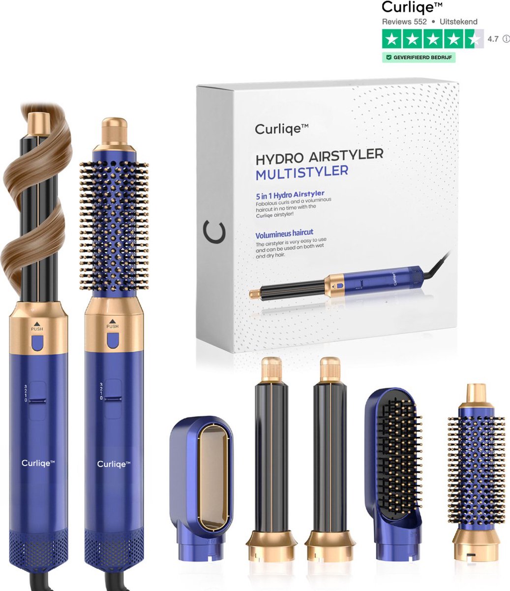 Curliqe™ Föhnborstel - Airstyler - Krulborstel - Krultangen - 5 in 1 Multistyler - Blauw Goud