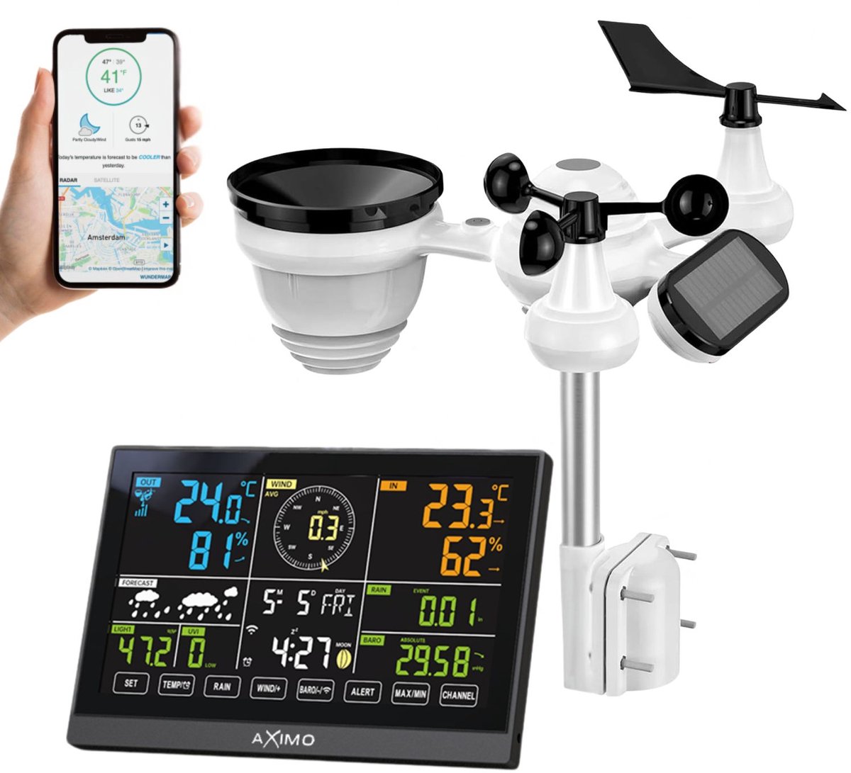 Bol.com AXIMO Professioneel WiFi Weerstation - Kleurendisplay - 7-in-1 Buitensensor - Binnensensor - Weather Underground koppeling aanbieding