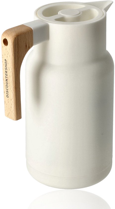 Thermos 1 litre avec anse en bois – Pichet isotherme à double paroi pour Café, Thee, soupe et Water chaude – Cafetière / Bouteille isotherme – Accessoires de cuisine