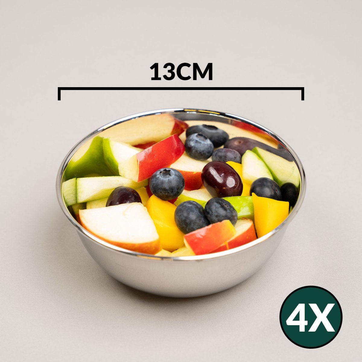 RVS schaaltjes Ø 13cm - Set van 4 - kleine roestvrijstalen schaaltjes - fruitschaaltjes - fruitbakje