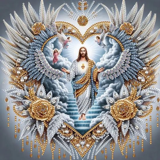 Jésus à bras ouverts, entouré d'ailes d'ange, de fleurs et d'anges dans les nuages, sur un escalier vers le ciel.