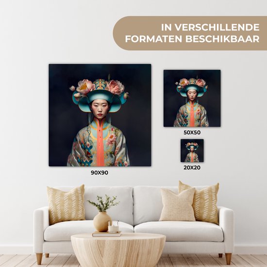 Tableau sur toile Femmes - Asiatique - Portrait - Vêtements - Fleurs - 50x50 cm - Décoration murale