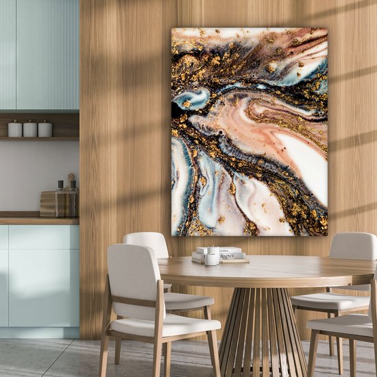 Tableau Toile Aspect Marbre - Goud - Zwart - Glitter - Chic - 90x120 cm - Décoration murale
