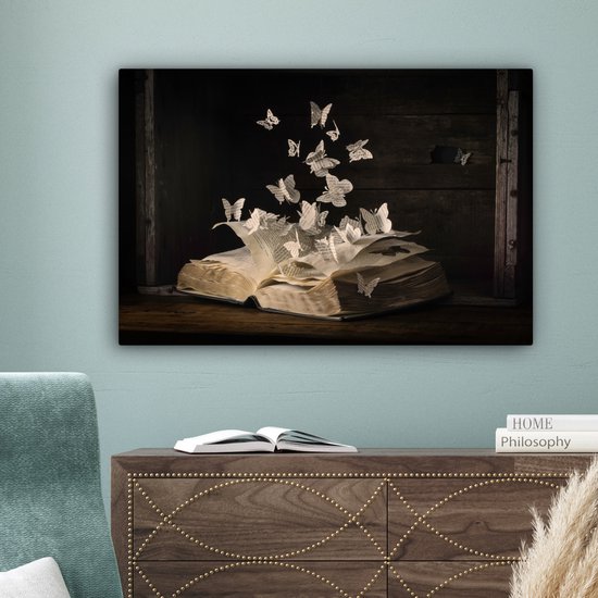 Peinture sur toile - Vintage - Boek - Papier - Papillon - Photo sur toile - Décoration murale - 60x40 cm - Canvasdoek - Tableaux abstraits