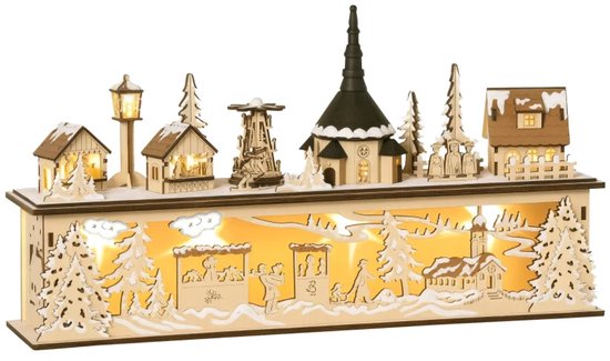 Kerstdorp - Kerstversiering - Kersthuisjes & Kerstdorpen - met 10 LED-lampjes - Warm Wit Licht - 45x10x25 cm - Houten Decoratie
