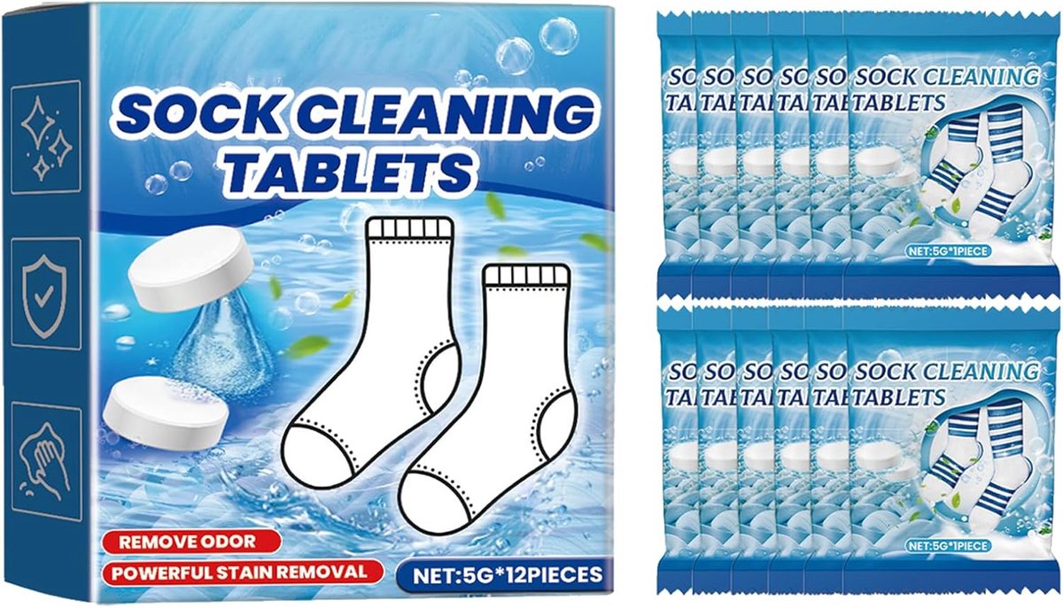 Reinigingsmiddel voor sokken en kleding - Vlekkenverwijderaar met actieve enzymen, 12 tabletten van 5g