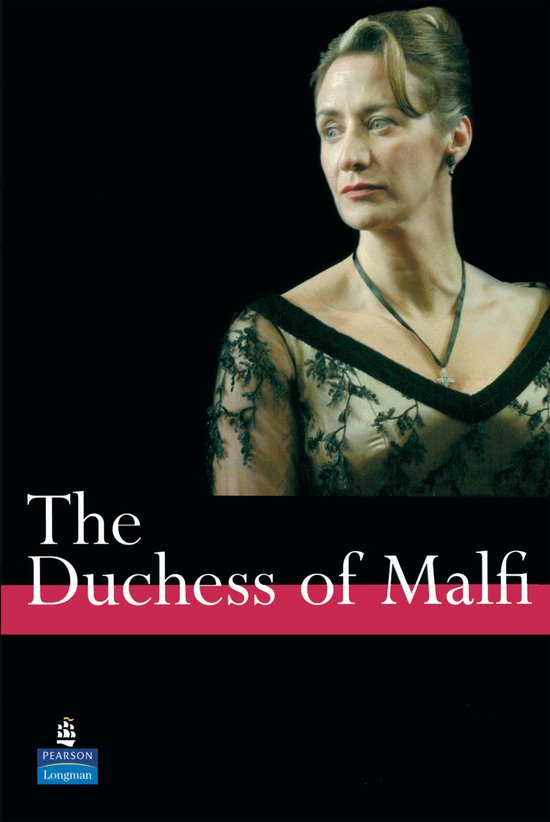 Boekomslag: Vrouw in zwarte kanten jurk, met de titel 'The Duchess of Malfi'.