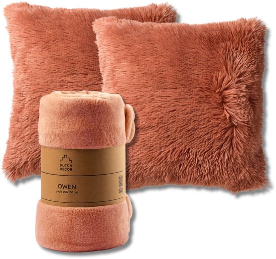 LOT PROMO - Fluffy & Owen - 2 coussins 45x45 cm - 1 plaid 130x160 cm - Rose