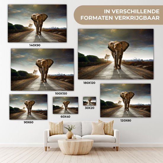 OneMillionCanvasses - Toile - Éléphant - Route - Arbres - Décoration murale - 140x90 cm - Peinture sur toile - Toile sur toile