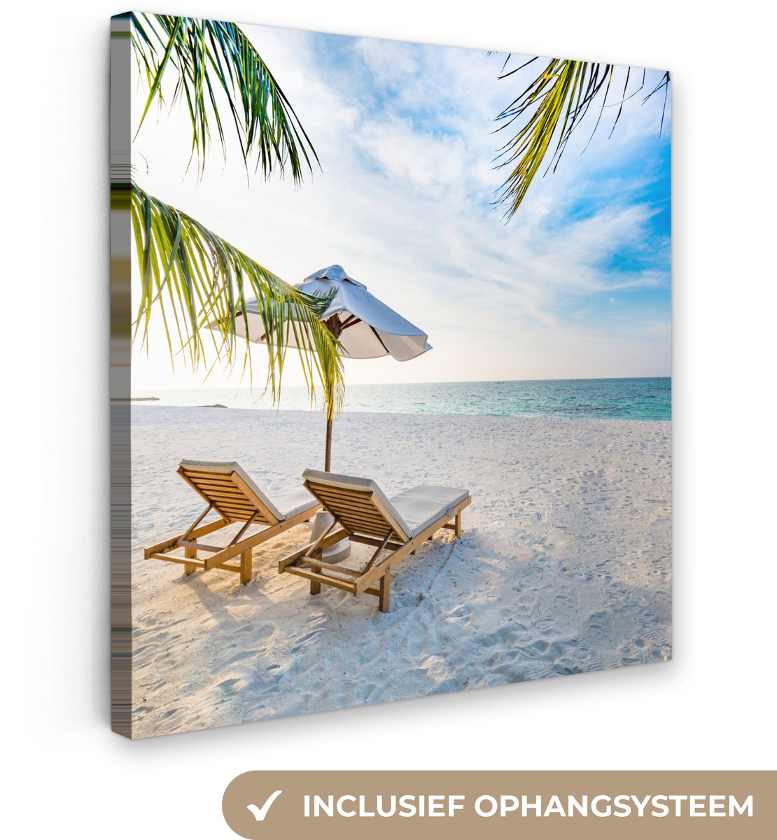 Canvas schilderij 20x20 cm - Wanddecoratie Strandstoel - Parasol - Zonsondergang - Muurdec