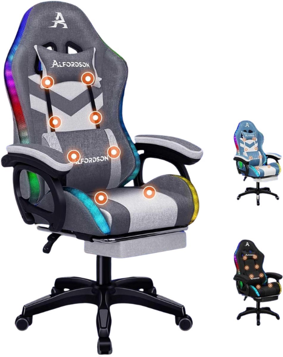 Thuys – Gamingstoel Met 8 – Punts Massage – 12 Kleuren RGB LED Verlichting – Stoffen Bekleding – Met Grijze Stiksels