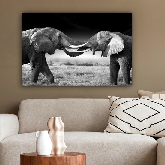 Tableau sur toile - Animaux sauvages - Éléphants - Zwart - Wit - Salon - 90x60 cm - Décoration murale - Décoration de la maison