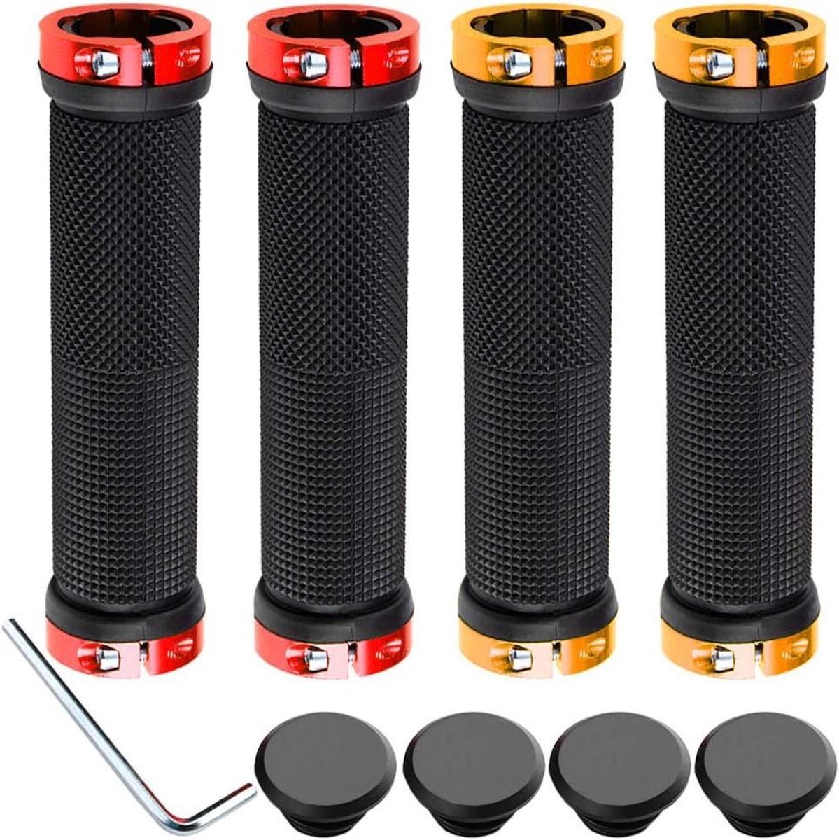 JHubers Goods - - Professionele Fietsstuurgrepen Set voor Mountainbike, Aluminium Dubbele Vergrendeling Handvatten, Antislip Rubber, Fietshandvatbeschermer - Rood + Gouden - 2 Paar