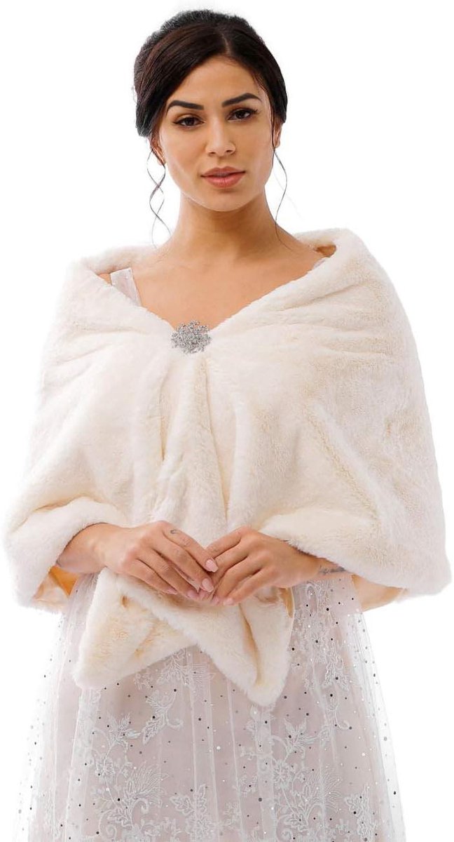 JHubers Goods - Luxe Vrouwen Bruidsjurk Accessoire Faux Fur Sjaal in Ivoor kleur