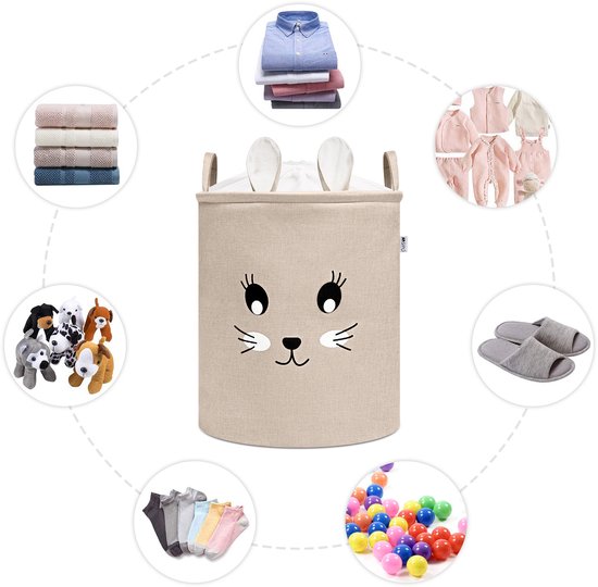 Konijnenhoofd Speelgoedopbergmand - XXL Waterdichte Opbergbox - Beige Knuffel Konijn - Polyester Kist - 63 Liter - 40x40x50 cm - Speelgoedmand - Kinderwasmand - Kledingmand - Sipo — afbeelding 5