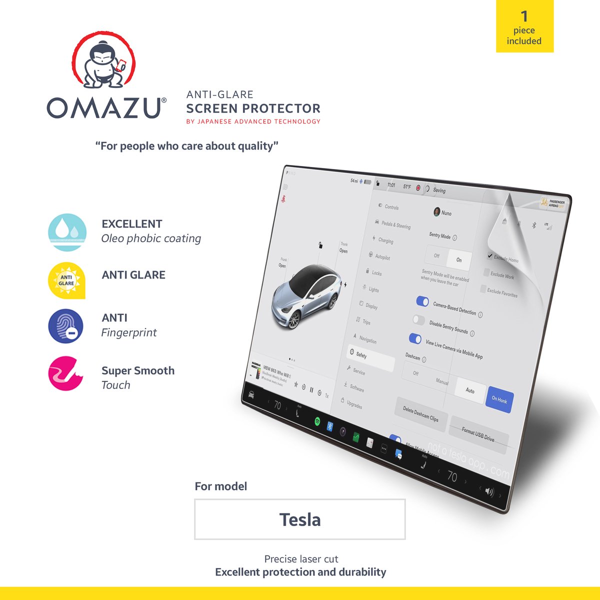 OMAZU 3D Flex TPU Screenprotector / Anti Reflex, Anti-Vingerafdruk (Matte) voor automotive interieur Displays, geschikt voor: Tesla Y – 15 inch ( 2025 versie )