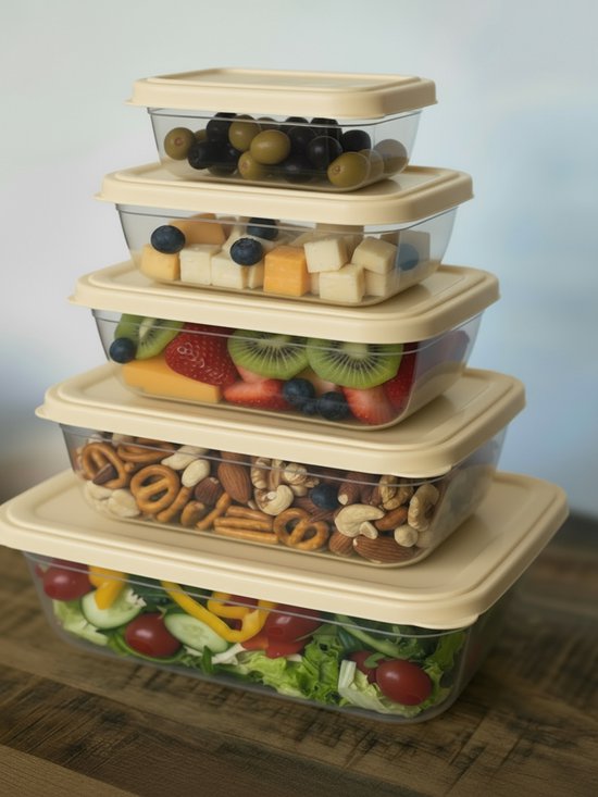 Tobeyz Voedselbewaarbakjes Set met Deksel– 5 Delig – 400ml / 800ml / 1400ml / 2300ml / 4000ml – BPA-vrij – Vriezer-, Magnetron- & Vaatwasserbestendig – Herbruikbaar - Creme - QS117