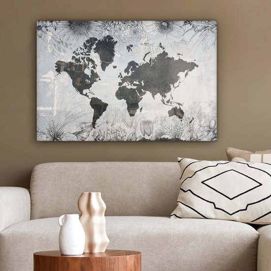 Wereldkaart avec motif béton gris foncé décorée d'illustrations de fleurs 90x60 cm