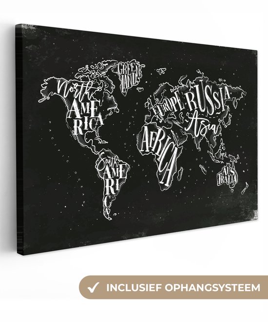 Peintures Toile Wereldkaart - Simple - Zwart - Wit - 60x40 cm - Décoration murale