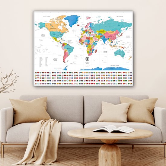 Peintures Toile Wereldkaart - Couleurs - Drapeau - 120x90 cm - Décoration murale