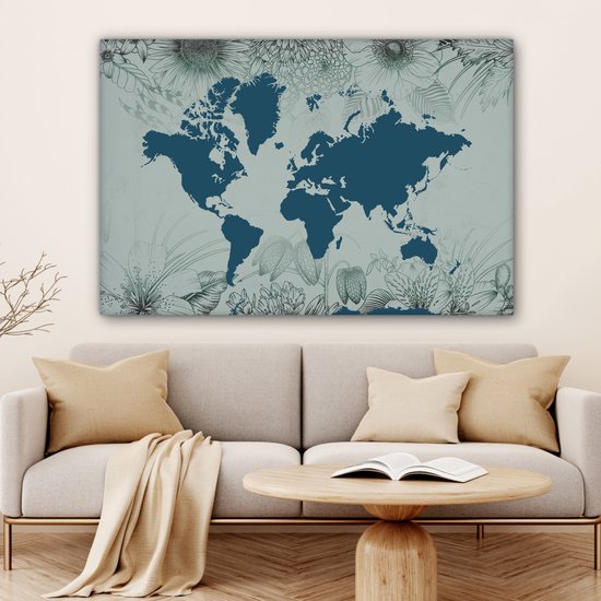 Carte du monde bleu sur fond bleu décorée d'illustrations de fleurs 120x80 cm