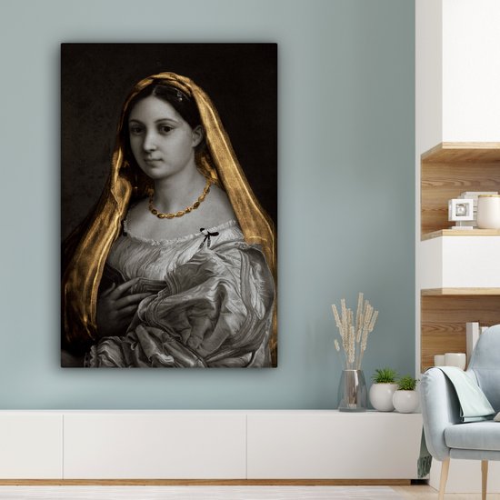 Canvas doek - De gesluierde vrouw - Goud - Kunst - 90x140 cm - Oude meesters - Raffaeolo Sanzio - Tinten - Woonkamer