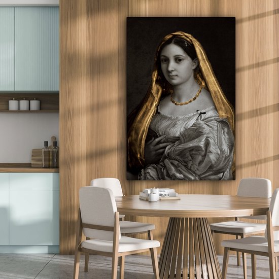 Canvas doek - De gesluierde vrouw - Goud - Kunst - 90x140 cm - Oude meesters - Raffaeolo Sanzio - Tinten - Woonkamer
