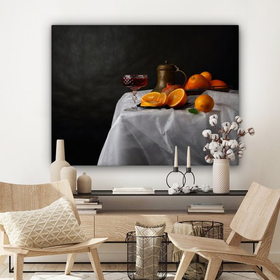 Tableau sur toile Nature Morte - Mandarines - Vin - 120x90 cm - Décoration murale