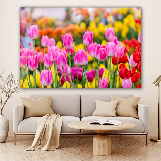 Peintures sur Toile Tulipes - Couleurs - Printemps - 180x120 cm - Décoration murale XXL