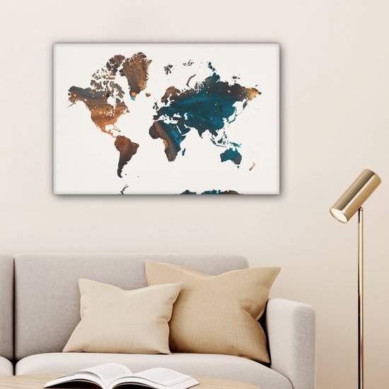 Wereldkaart en peinture bleu foncé et orange sur fond rose 60x40 cm