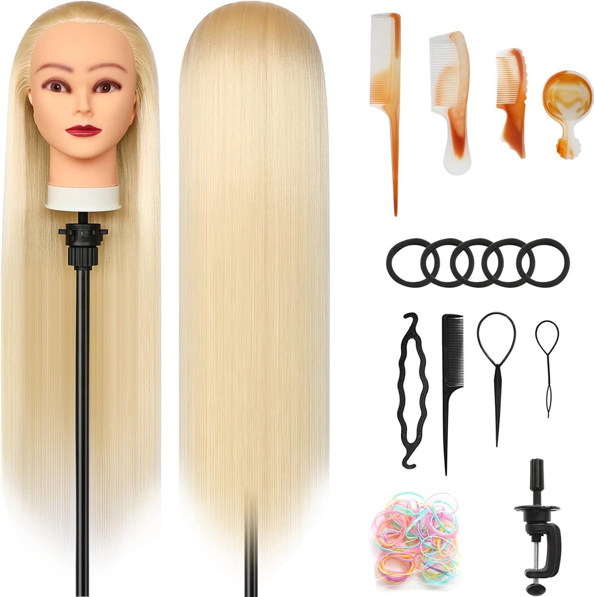 Trainingshoofd 28 inch voor kapsels - Oefenhoofd met synthetisch haar en tafelclips