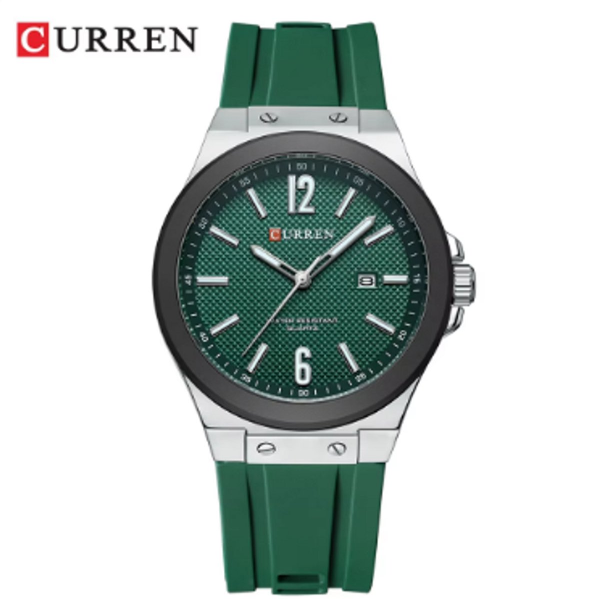 CURREN Horloge 8467 - Zilverkleurig-Groen - Heren - Quartz - Ronde Kast - Siliconen Band - Kalender - Lichtgevend - Sporthorloge - Waterbestendig