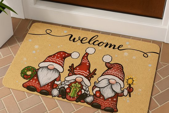 Paillasson de Noël – « Bienvenue » avec nains de Noël – 60 x 40 cm – Antidérapant et lavable – Décoration de Noël pour l’intérieur et l’extérieur
