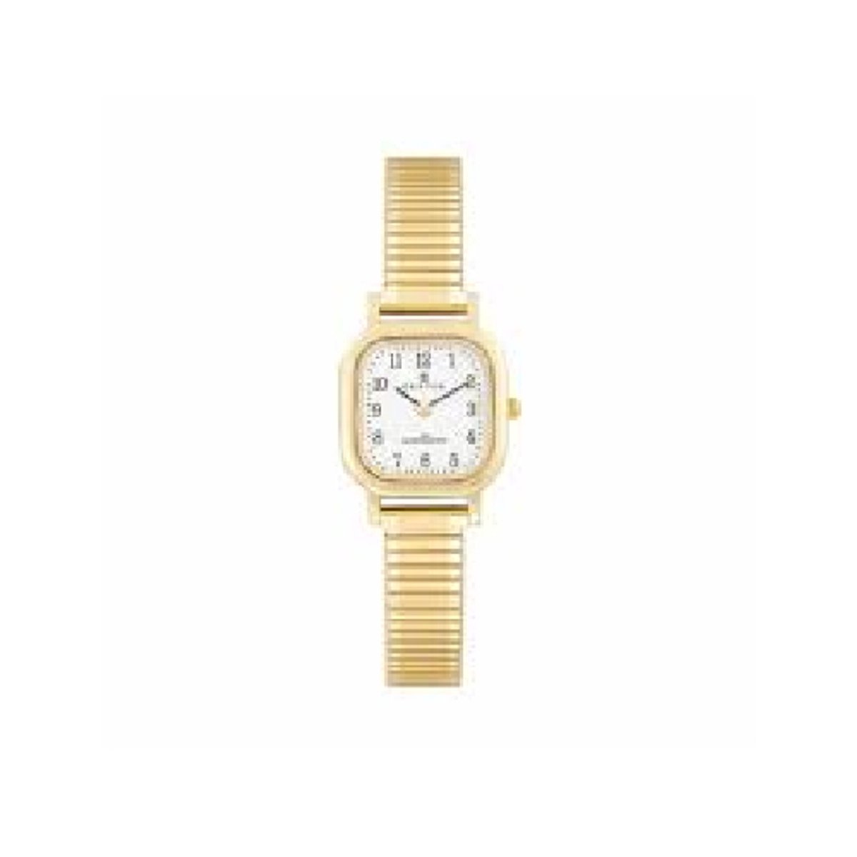 Certus-model 630713-Dameshorloge-Rekbare band-goudkleurig-made in France-vierkant-rond-duidelijke wijzerplaat-50 meter waterdicht-23 x 23 mm