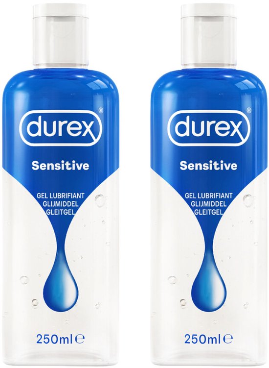 Twee flessen Durex Sensitive glijmiddel van 250ml, met blauw en wit logo en druppelafbeelding.