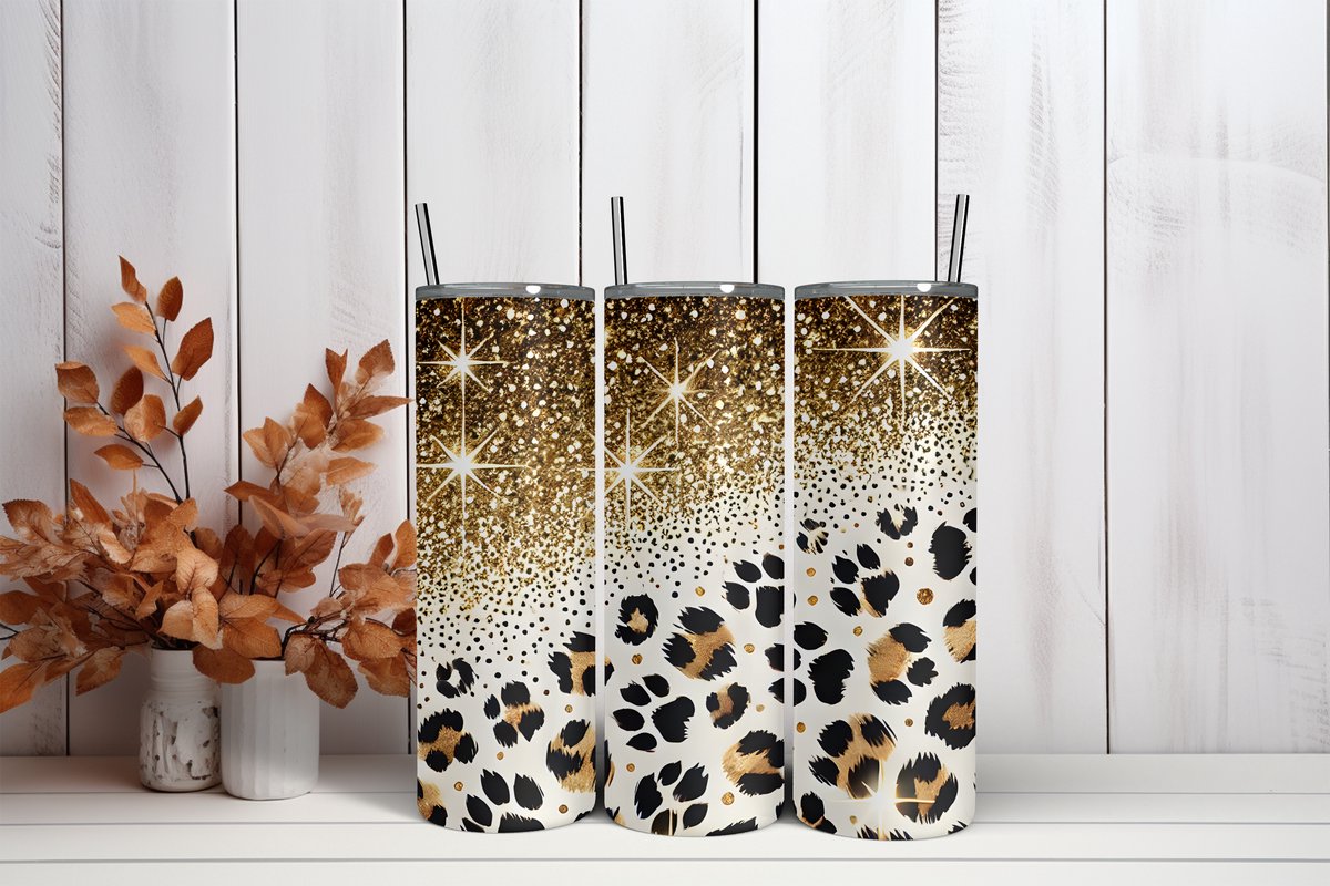 RVS Tumbler Beker 600ml – Luipaardprint & Gouden Glitter – Voor Warme & Koude Dranken – Trendy nu – Cadeau – Geisoleerde drinkbeker