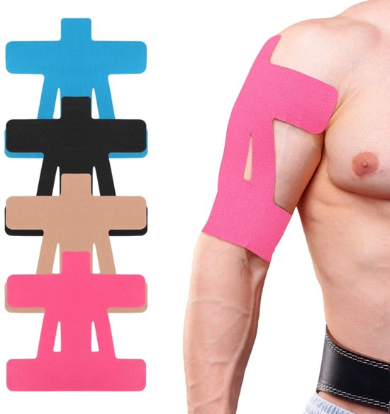Foto: 12pcs kinesiology tape for shoulder shoulder support stability precut strips waterproof breathable sports tapes kleur van de huid blauw zwart rose rood 