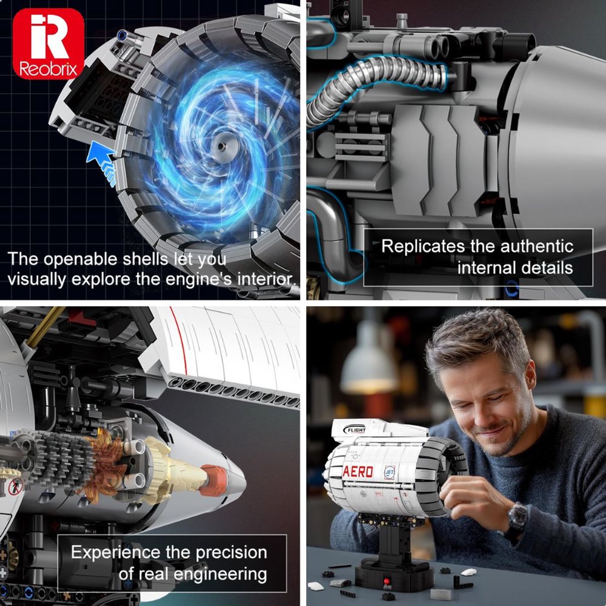 Reobrix - 33019 Vliegtuig Motor bouwset | Classic contructie modelbouw | Technische educatief speelgoed voor volwassenen | DIY creator motorisch decoratie geschikt voor Lego | Bouwdoos met 1813 bouwstenen — afbeelding 5
