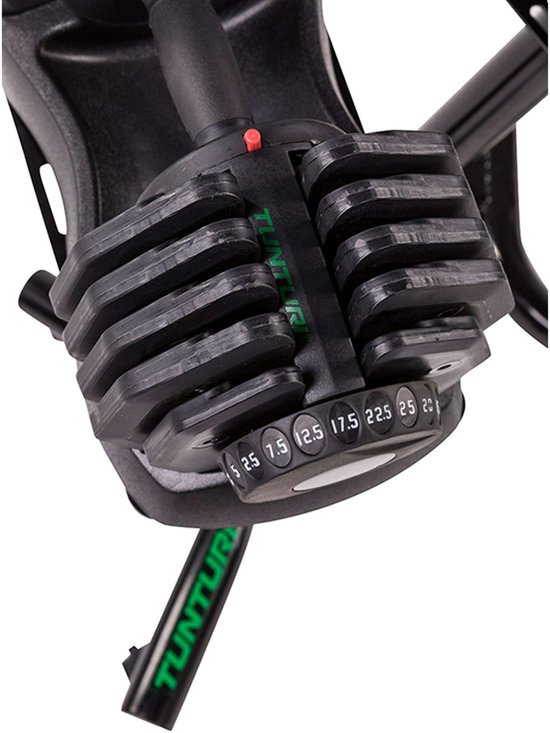 Zwarte verstelbare Tunturi dumbbell met gewichten van 2.5 tot 25 kg.