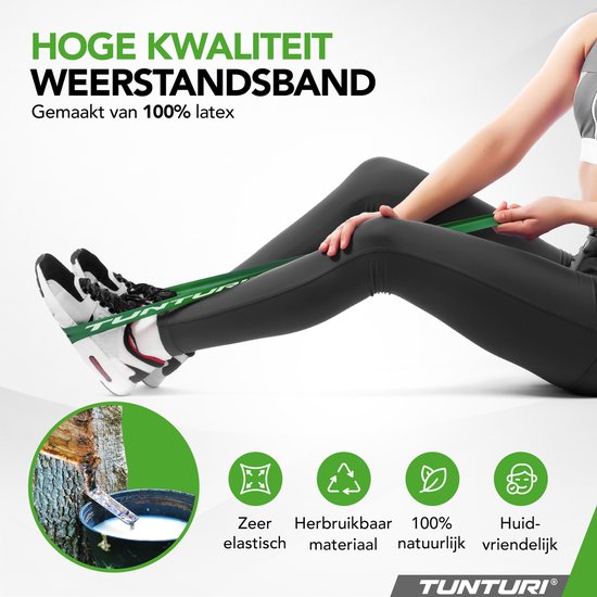 Tunturi Power Band - Weerstandsband 10 tot 35 kg – Pull up Resistance Band - Fitness Elastiek – 104 cm - Incl Trainingsapp - Groen
