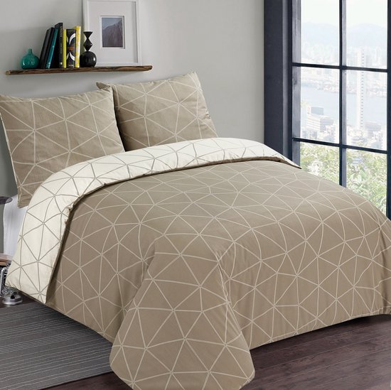 VISION Hugo Flanel - Tweezijdig omkeerbaar Dekbedovertrekset - 100% katoen flanel: warm en zacht - Eenpersoons - Dekbedovertrek 140 x 200 cm met 1 bijhorende sloop - Beige - Oekotex gecertificeerd