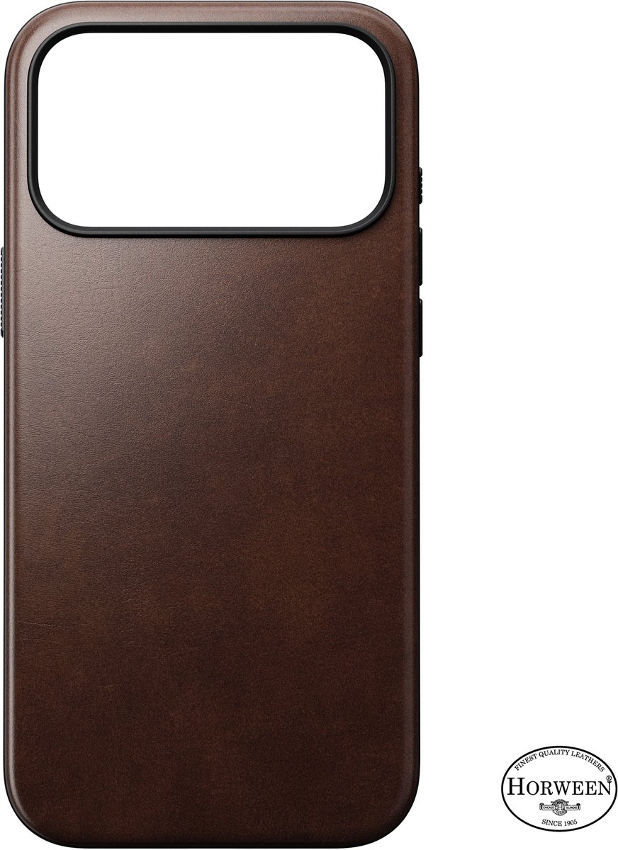 Nomad Horween Modern Lederen Hoesje iPhone 17 Pro Max – Geïntegreerde Saffierkristal Camera Bediening – Gerecyclede Aluminium Knoppen – Horween Leer Bekleding - Bruin