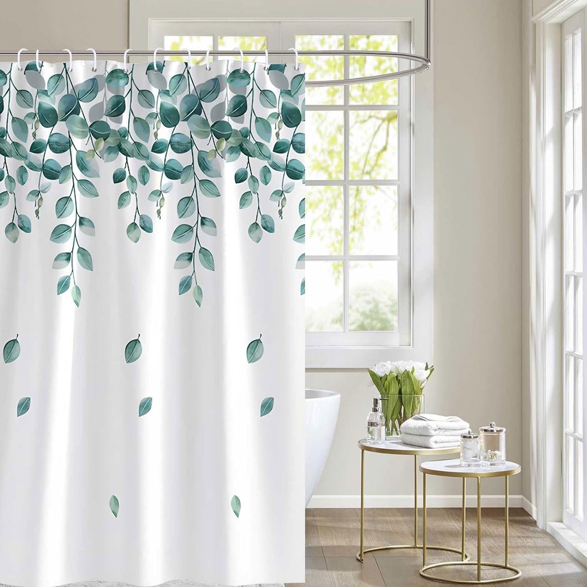 Douchegordijn 120 x 200 cm Badgordijn EVA Waterdicht Anti Schimmel Badkamergordijn met 8 Douchegordijn Haken Wasbaar Shower Curtain voor Badkamer Badkuip - Groen bladeren